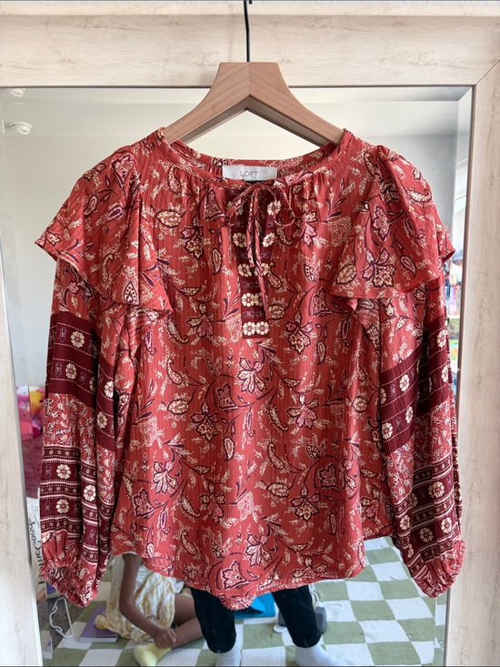 LOFT Tops - LOFT Rust Floral Ruffle Tie-Neck Blouse